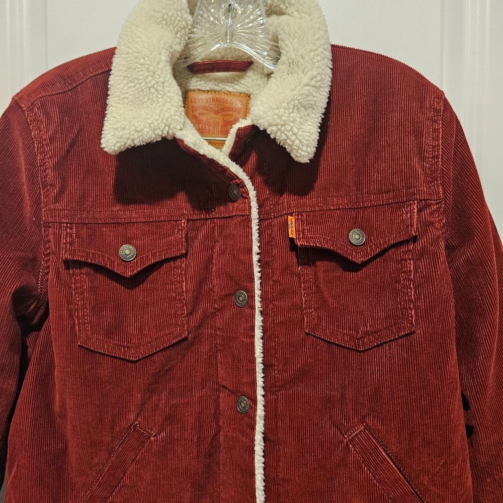 Levi's Trucker Jacket Womens M Burgundy Corduroy Sherpa Lined Orange Tab Coat - Picture 4 of 10